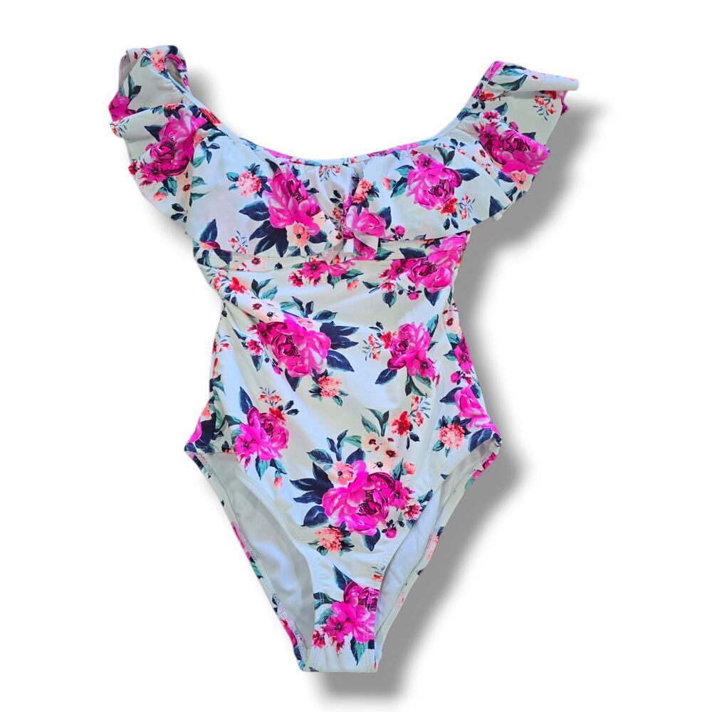 Arizona Jean Co Women’s Off-Shoulder Ruffle Floral One-Piece Swimsuit Size Small